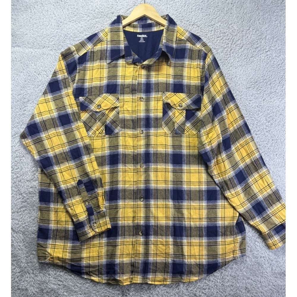 KingSize Men's 3XLT Yellow Blue Plaid Flannel Shirt Long Sleeve Button Up Pocket